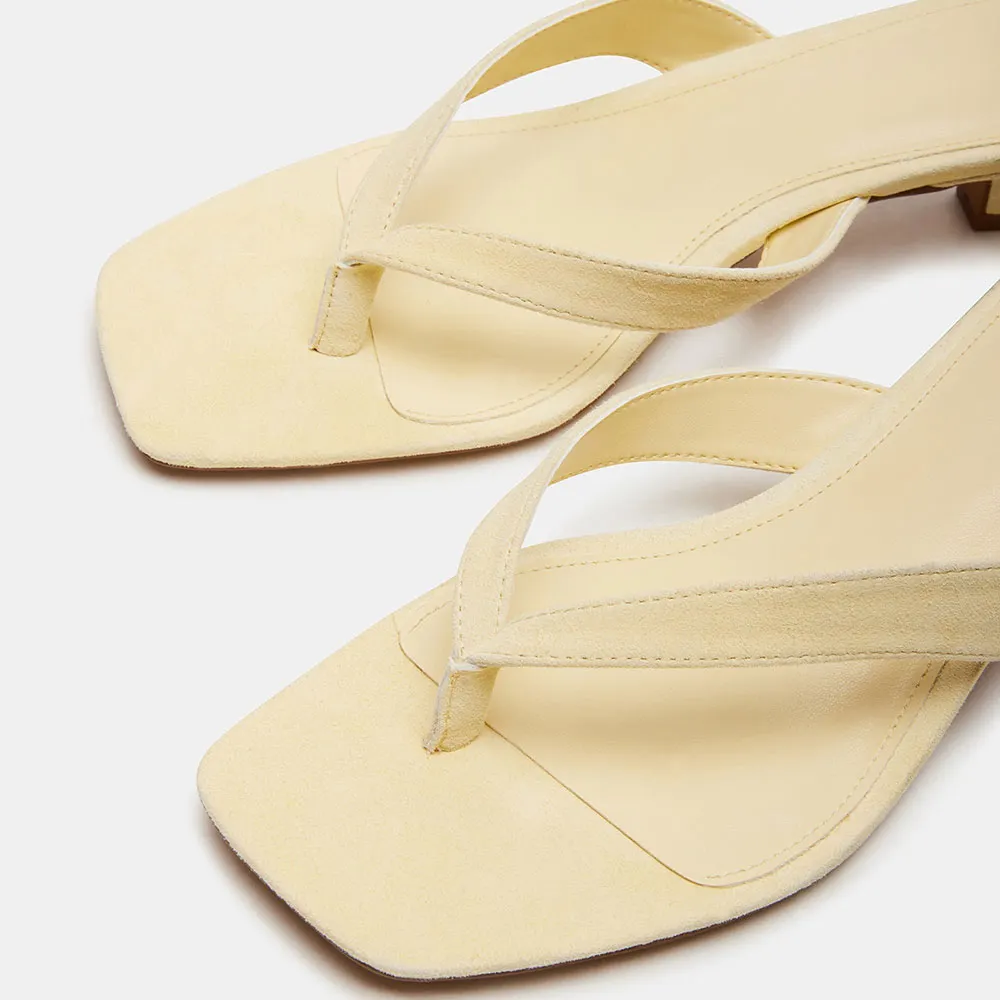 Light Yellow Vegan Suede Open Toe Slide Sandals with Kitten Heels