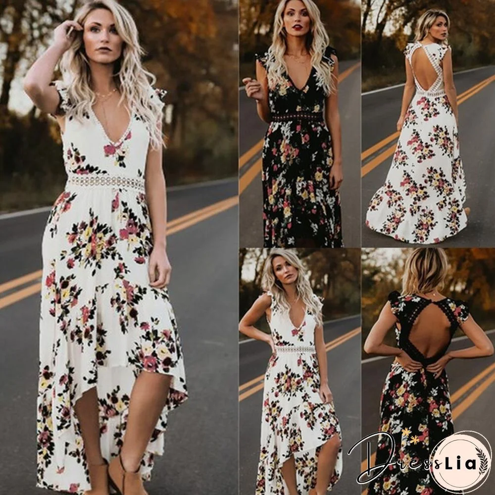 Women Boho Long Dress Elegant Flower Print Maxi Dress Sexy Deep V Neck Backless Summer Dress