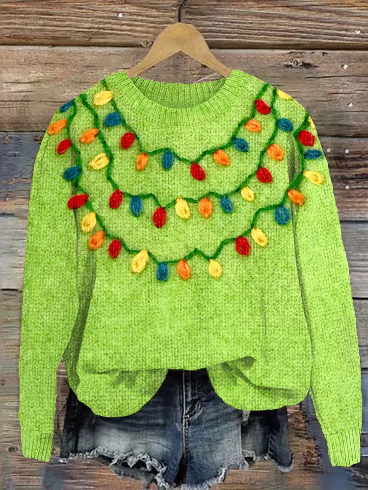 VChics Christmas Colorful Lights Felt Art Soft Cozy Knit Sweater