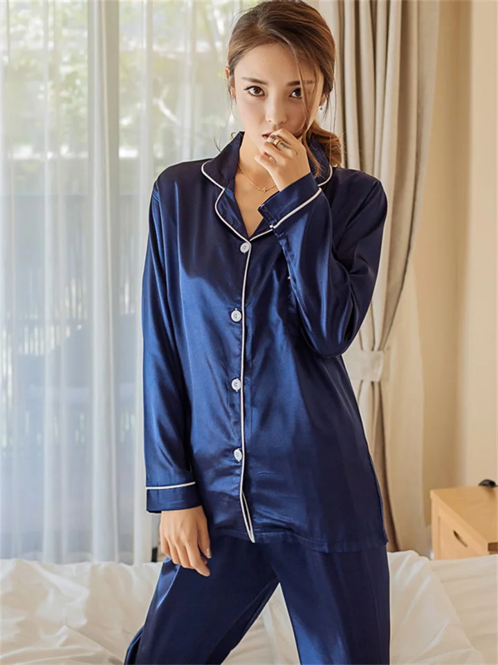 Women's Gift Pajamas Sets Home Christmas Party Daily Basic Pure Color Satin Simple Casual Soft Shirt Pant Fall Spring Summer Shirt Collar Long Sleeve Long Pant Buckle Pocket | 168DEAL