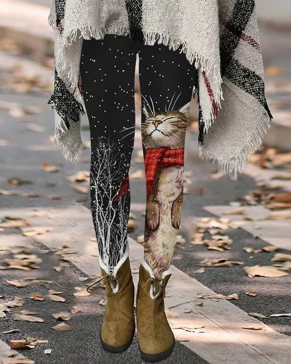 Retro cat print thermal integrated Leggings
