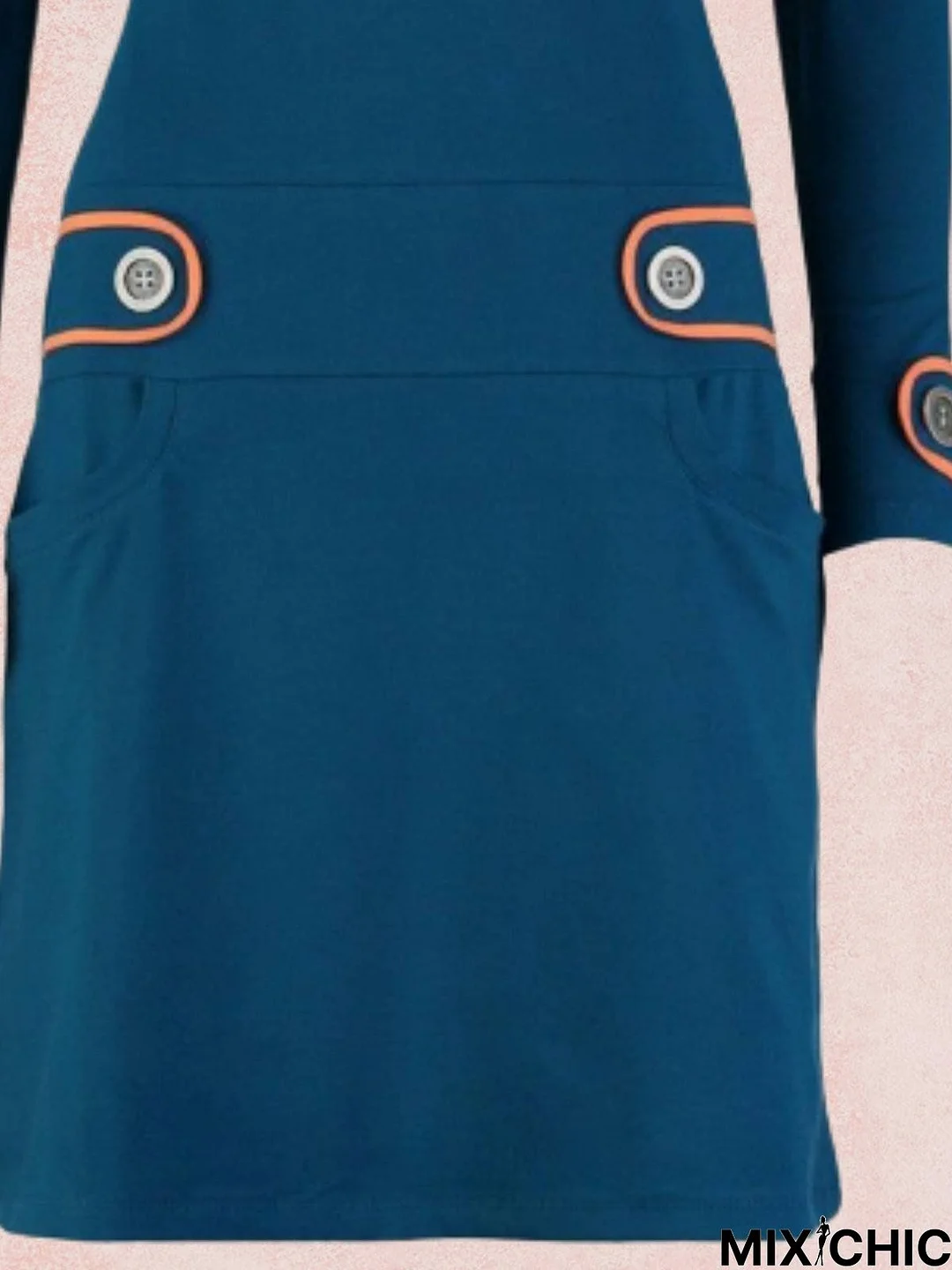 Blue Plain Vintage Color-Block Crew Neck Knitting Dress