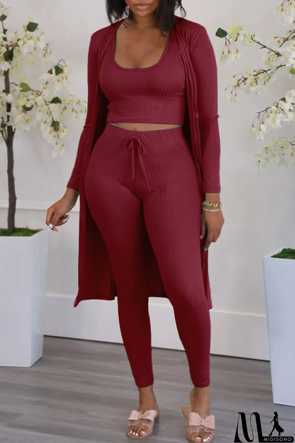 MidiSono - Burgundy Fashion Casual Solid Cardigan Vests Pants O Neck Long Sleeve Three-piece Set