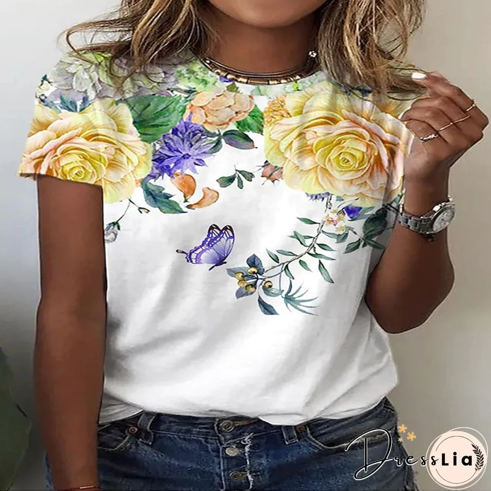 Summer New 3D Printing Ladies Casual Floral Theme Painting T-Shirt Printing Round Neck Soft Fashion Women's Clothing