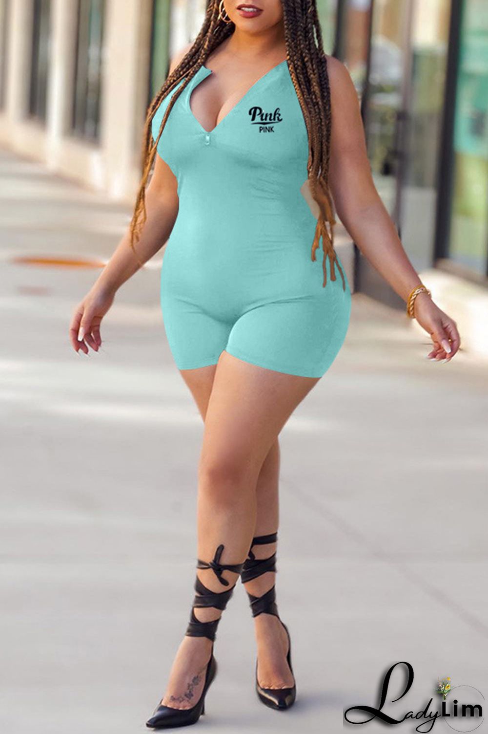 Blue Fashion Casual Letter Print Basic Zipper Collar Skinny Romper