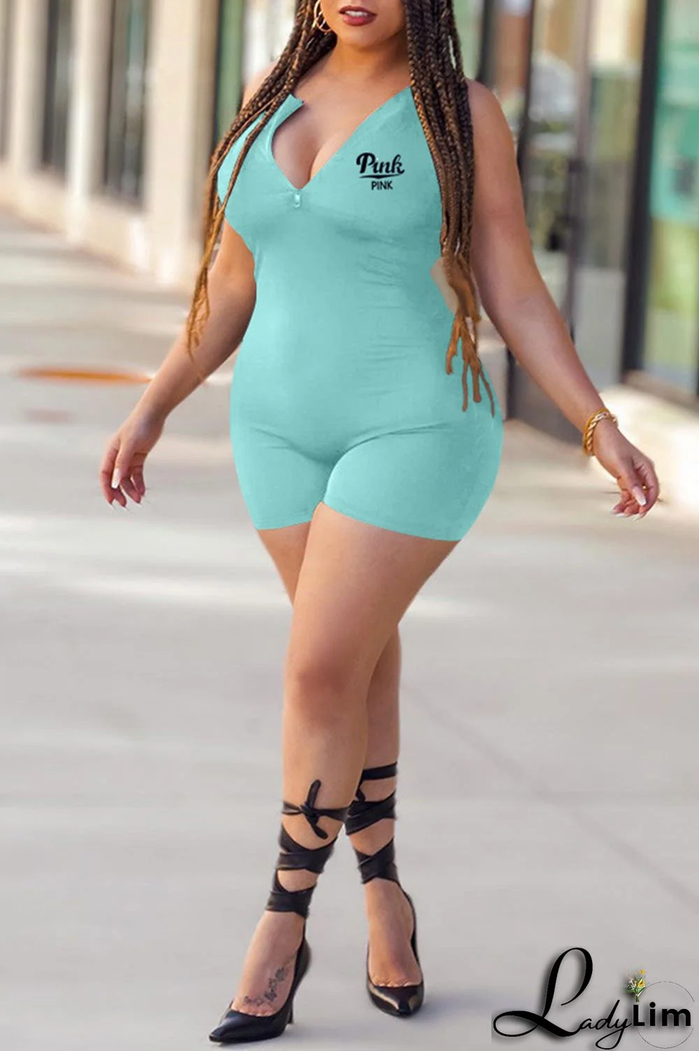 Blue Fashion Casual Letter Print Basic Zipper Collar Skinny Romper