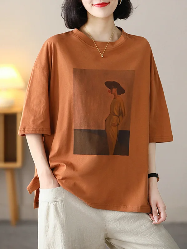 Urban Roomy Short Sleeves Split-Joint Stamped T-Shirt