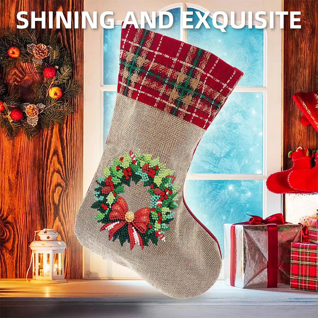 DIY Diamond Painting Christmas Stockings Hanging Ornaments Large Capacity Xmas Socks Pendant Wear Resist Candy Gift Storage Bags for Family Christmas Holiday Party Decoration (Christmas wreath)