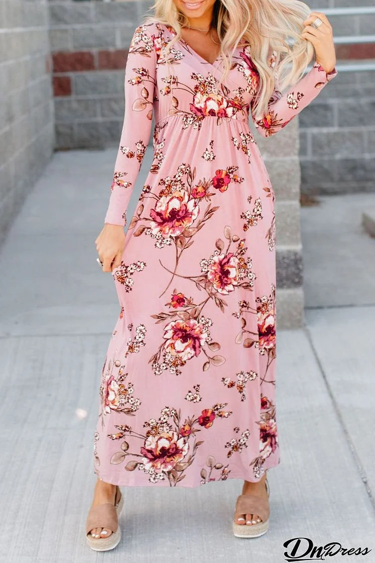 Wrapped V Neck Floral Long Sleeve Empire Maxi Dress