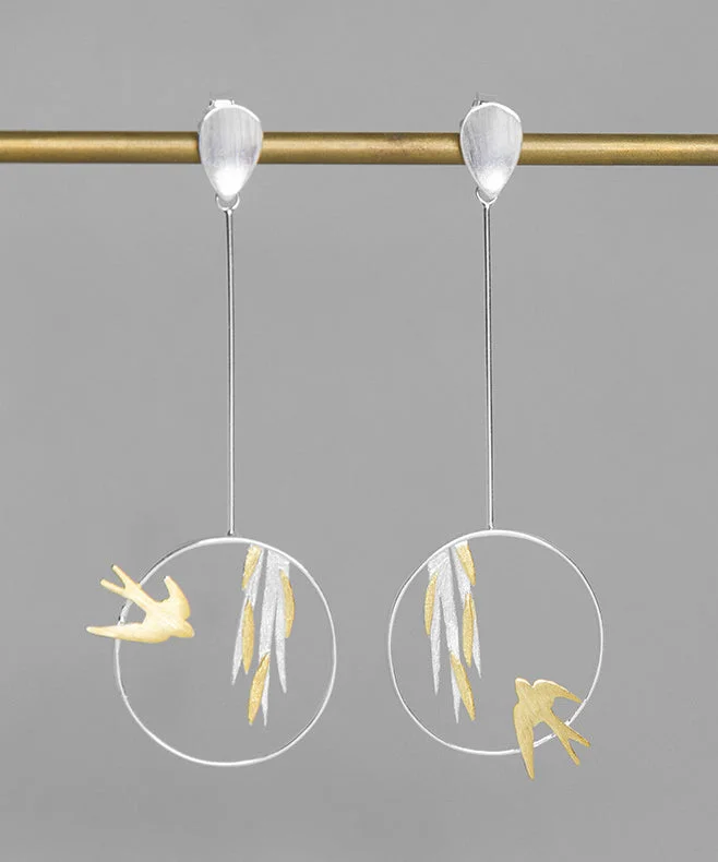 Unique Silk Sterling Silver Little Bird Leaf Drop Earrings