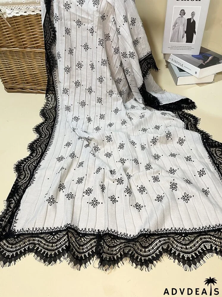 Lace Trim Floral Print Scarf