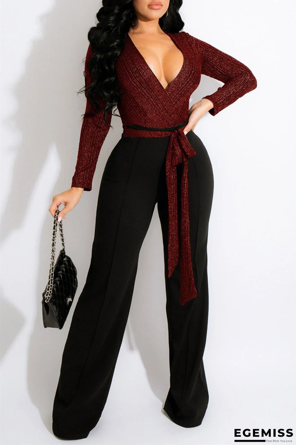 Burgundy Fashion Casual Patchwork Bandage V Neck Regular Jumpsuits | EGEMISS