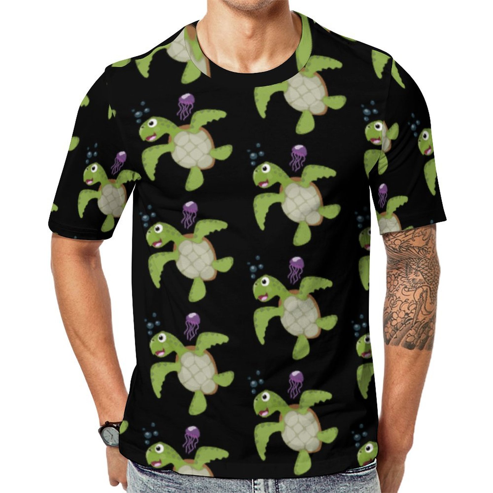 Cute Green Sea Turtle Happy Cartoon Illustration Short Sleeve Print Unisex Tshirt Summer Casual Tees for Men and Women Coolcoshirts