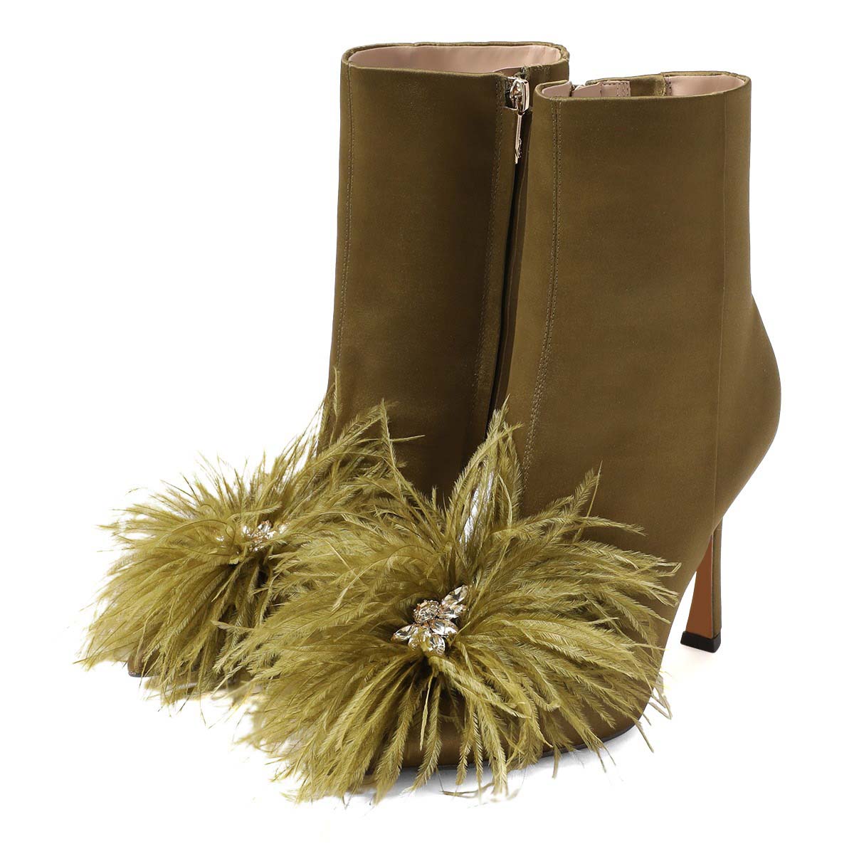 Olive Feather Flared Heel Rhinestone Zip Short Boots for Women Nicepairs