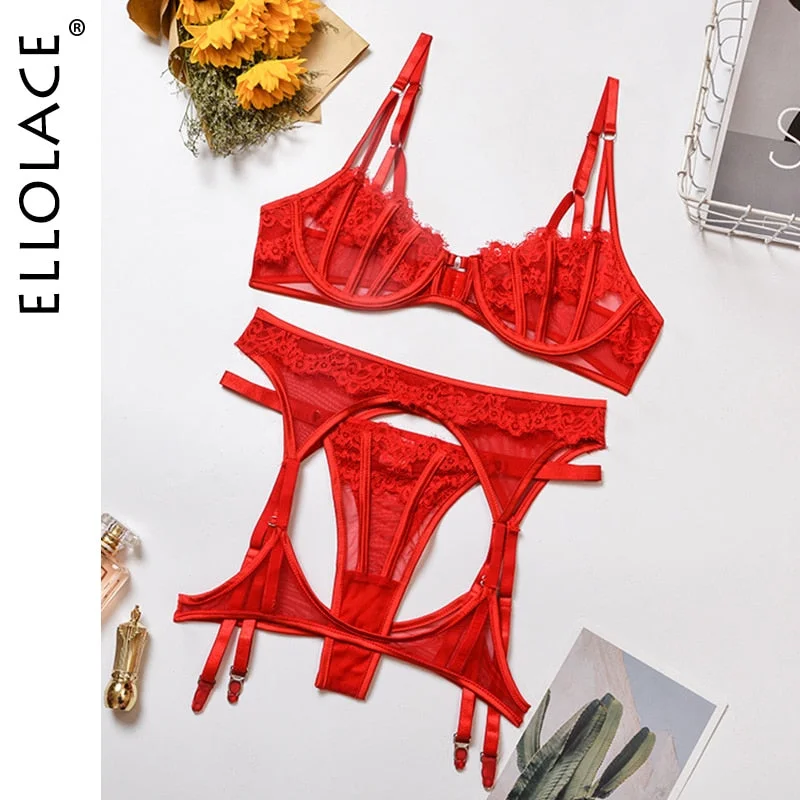 Ellolace Lace Lingerie See Through Short Skin Care Kits Transparent Underwear Set Underwire Bralette and Thong Red Brief Sets