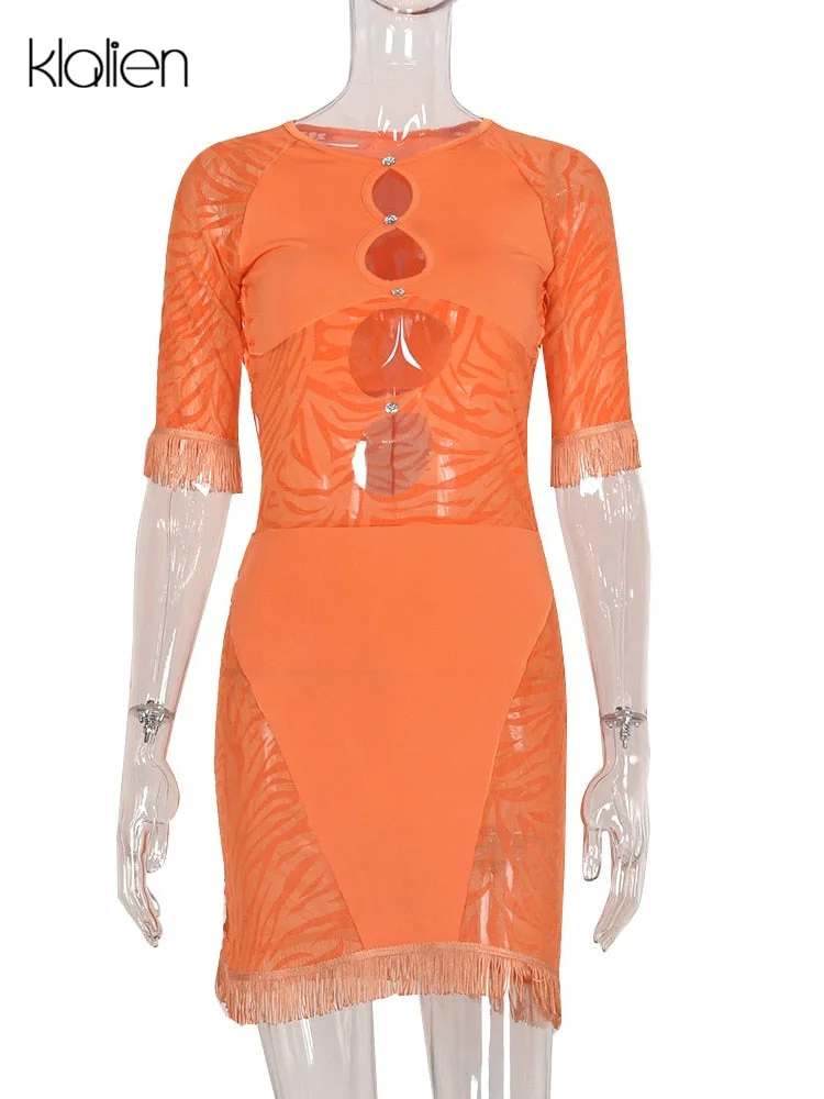 KLALIEN Cut Out Sexy Zebra Mesh Transparent Women's Mini Dress for Beach Holiday Night Club Party Bodycon Pencil Short Dresses