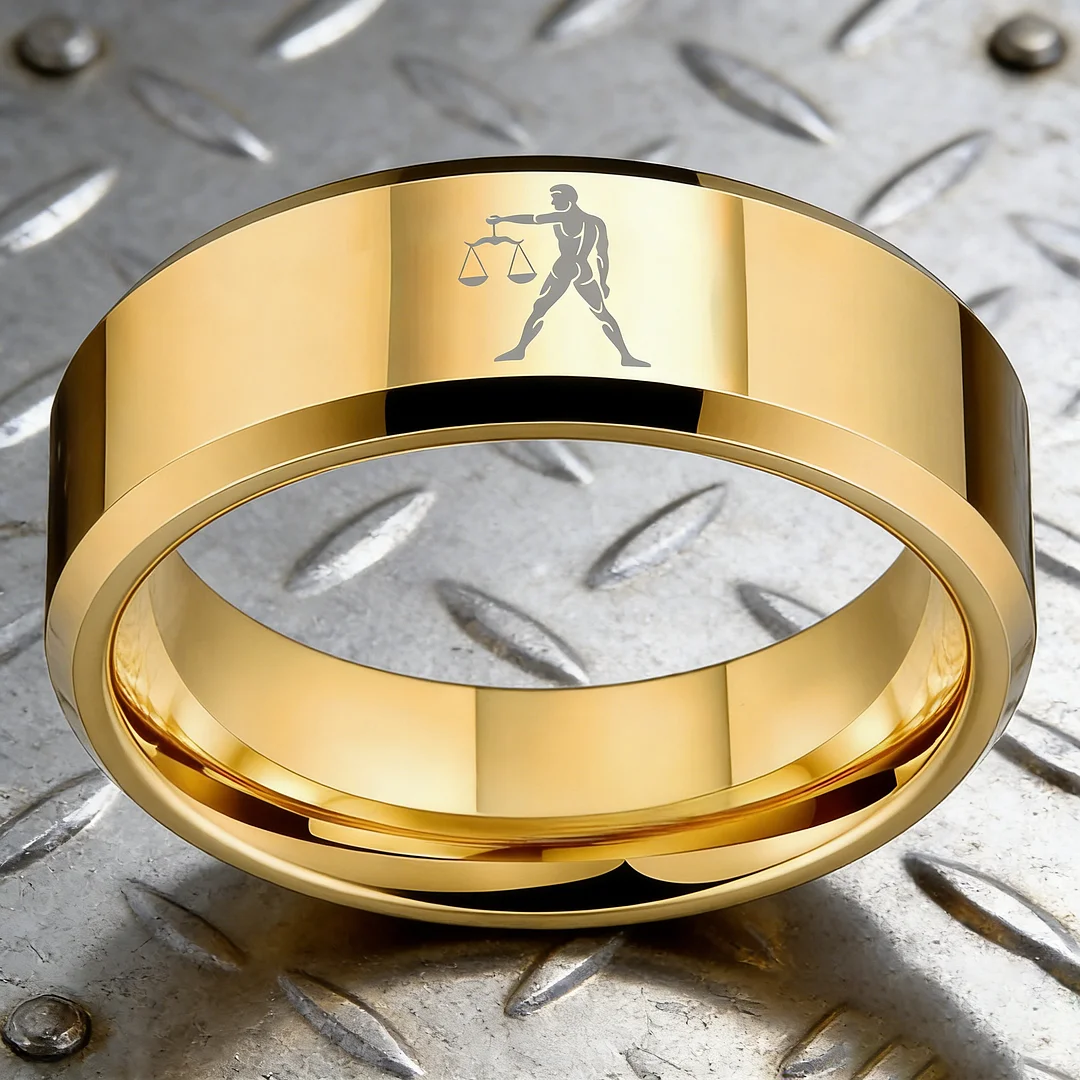 Gold Libra Tungsten Carbide Rings Beveled Edges Gold Laser Etched Couple Wedding Bands for Men and Women 4MM 6MM 8MM