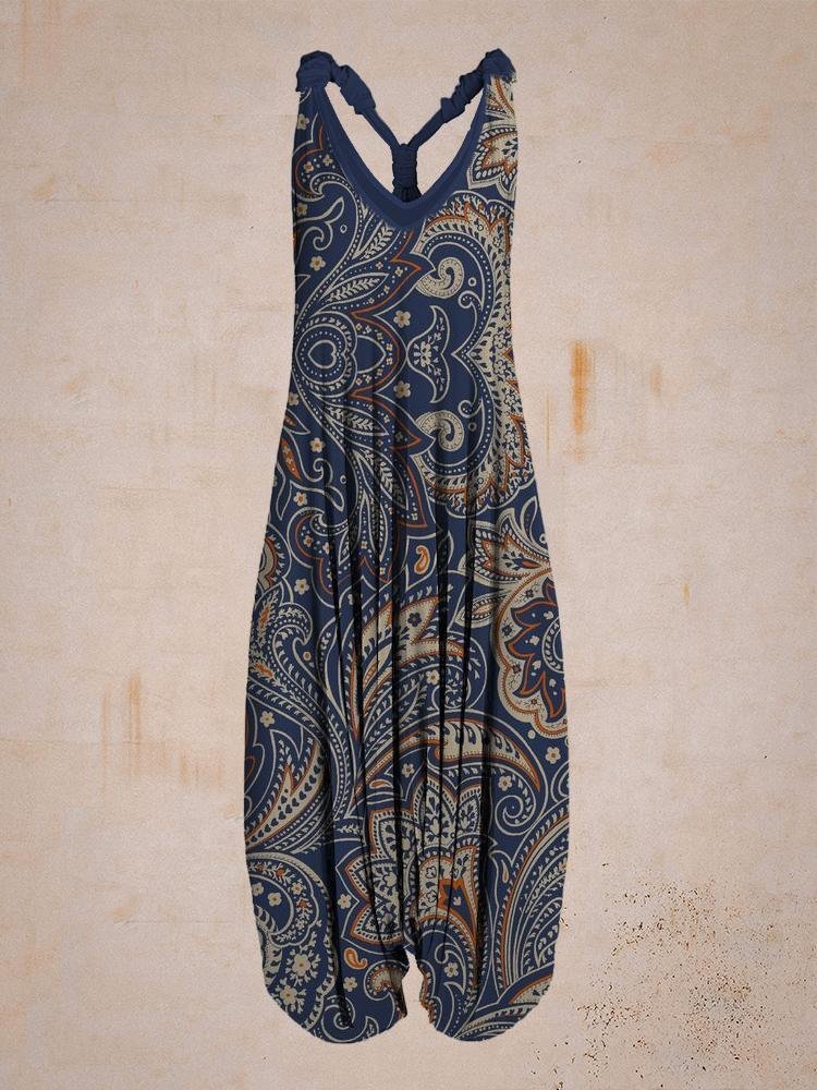 Women Vintage Navy Blue Pattern Sleeveless Harem Jumpsuit