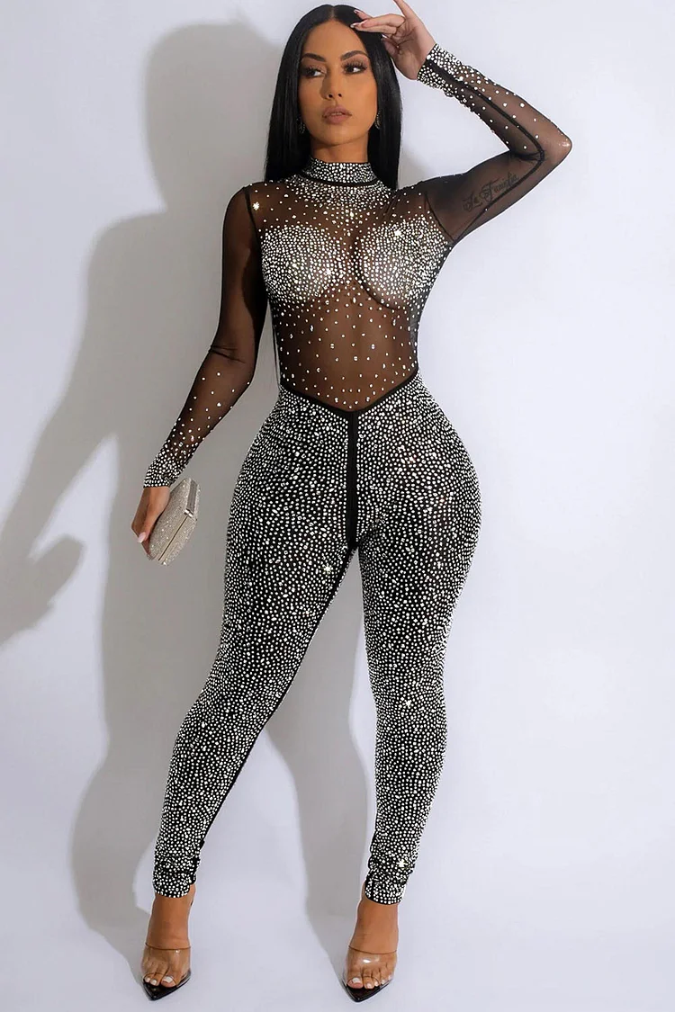 See-Through Mesh Rhinestone Embellished Jumpsuit-Black