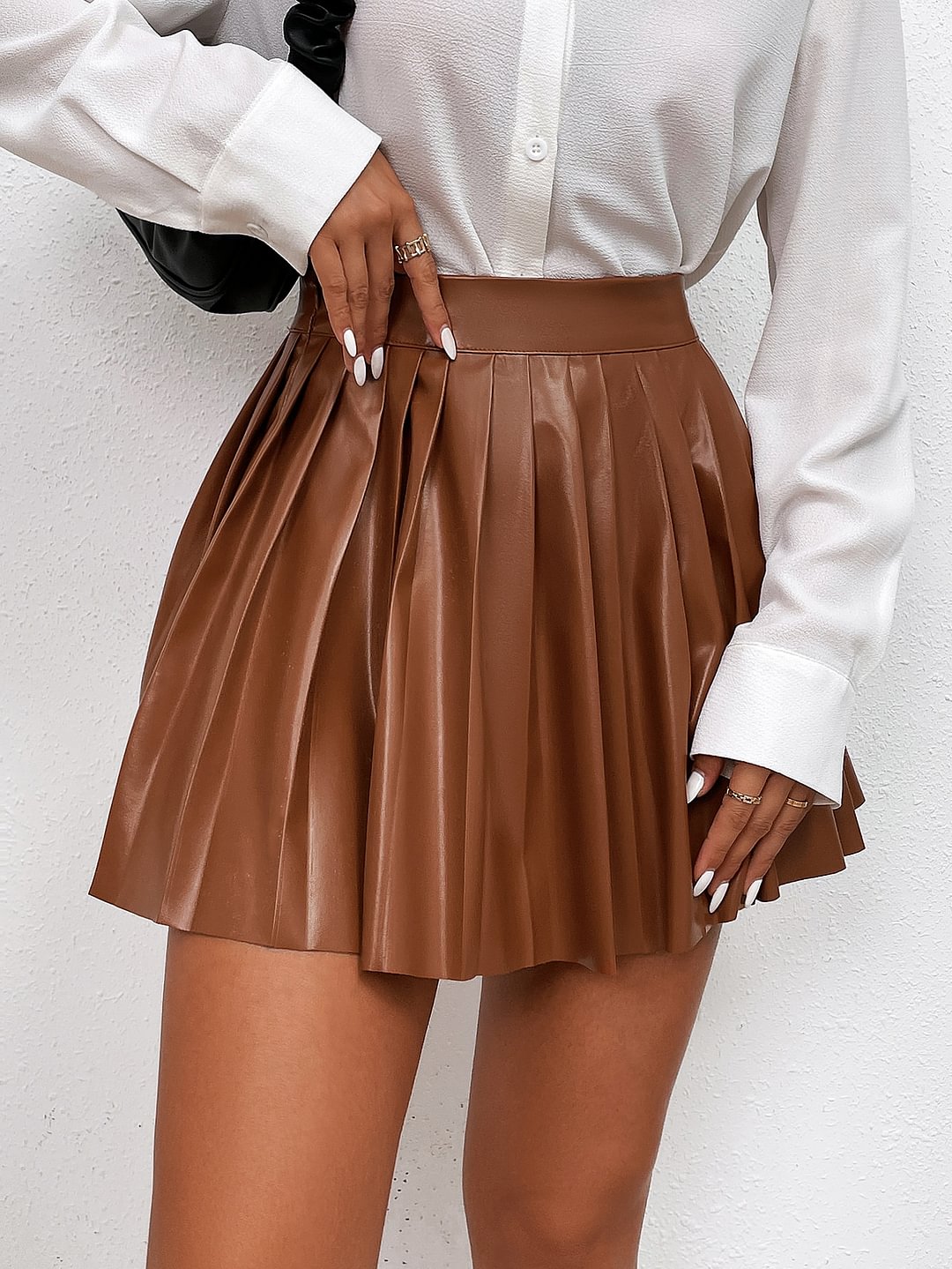 High Waist Pleated PU Leather Skirt