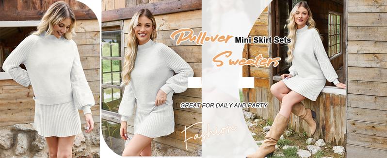 Imily Bela Women's 2 Piece Outfits 2025 Long Sleeve Mock Neck Ribbed Sweaters And Mini Skirt Two Piece Sets