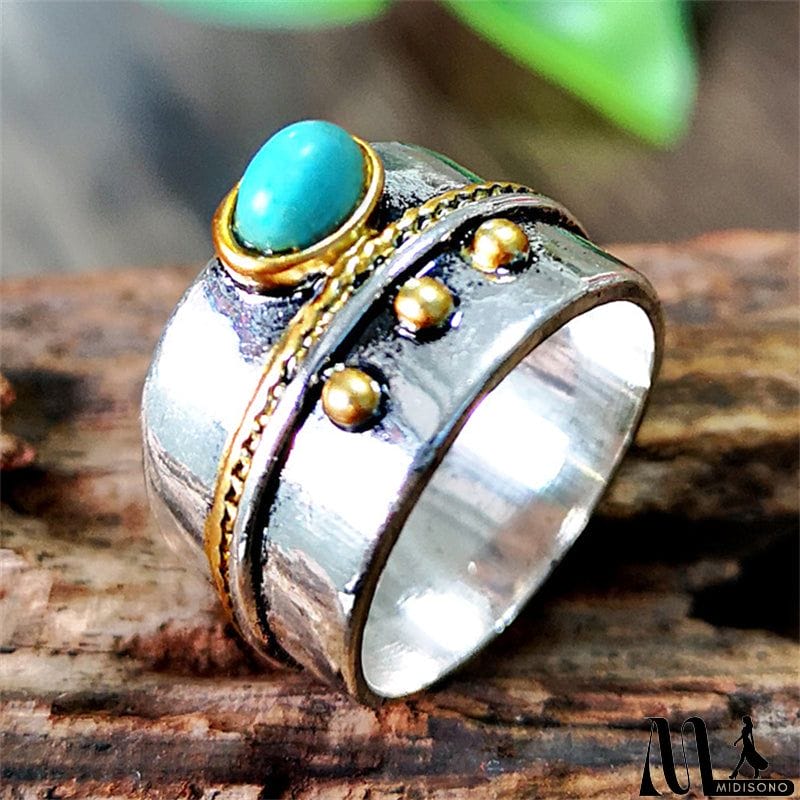 MidiSono - Classic Neutral Turquoise Inlay Gold Border Finger Ring