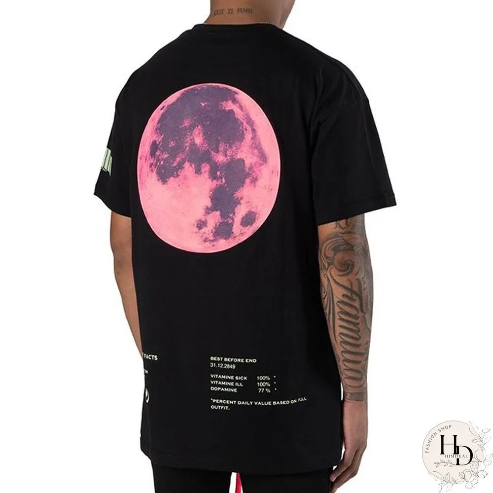 Fashion Moon Mens Black Graphic Vintage  Short Sleeved T Shirt