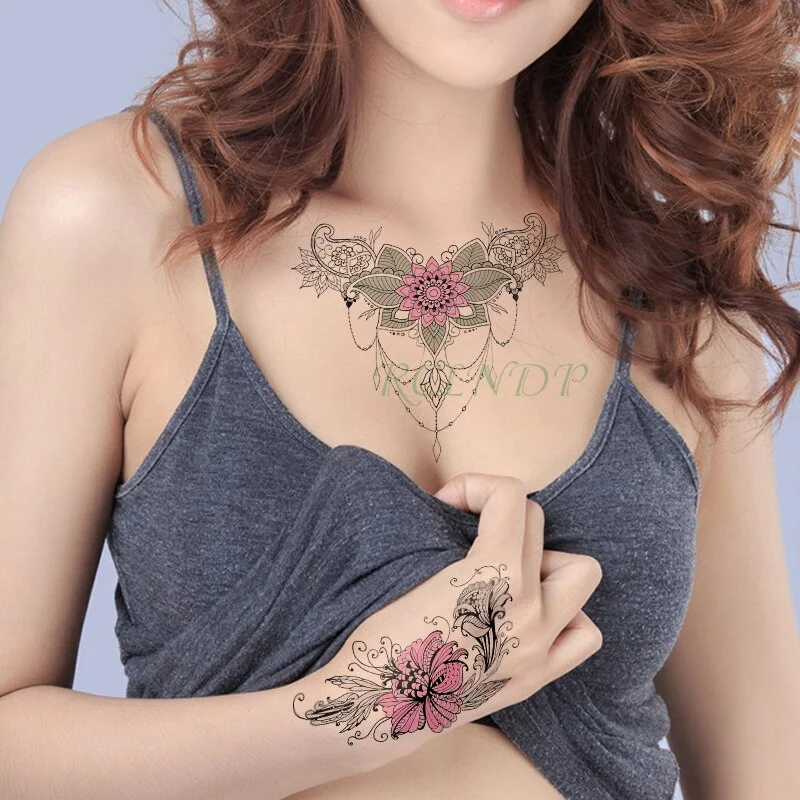 Sdrawing Temporary Tattoo Sticker peony flower diamond necklace fake tatto flash tatoo stickers art tattoos for girl women men