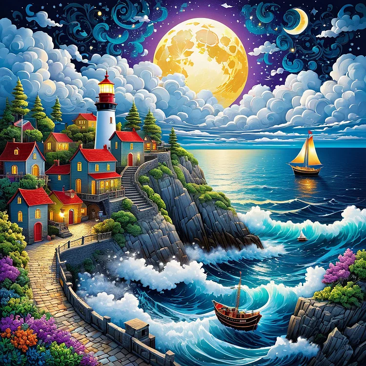 Seaside Town At Night 50*50CM (Canvas) Full Round Drill Diamond Painting gbfke