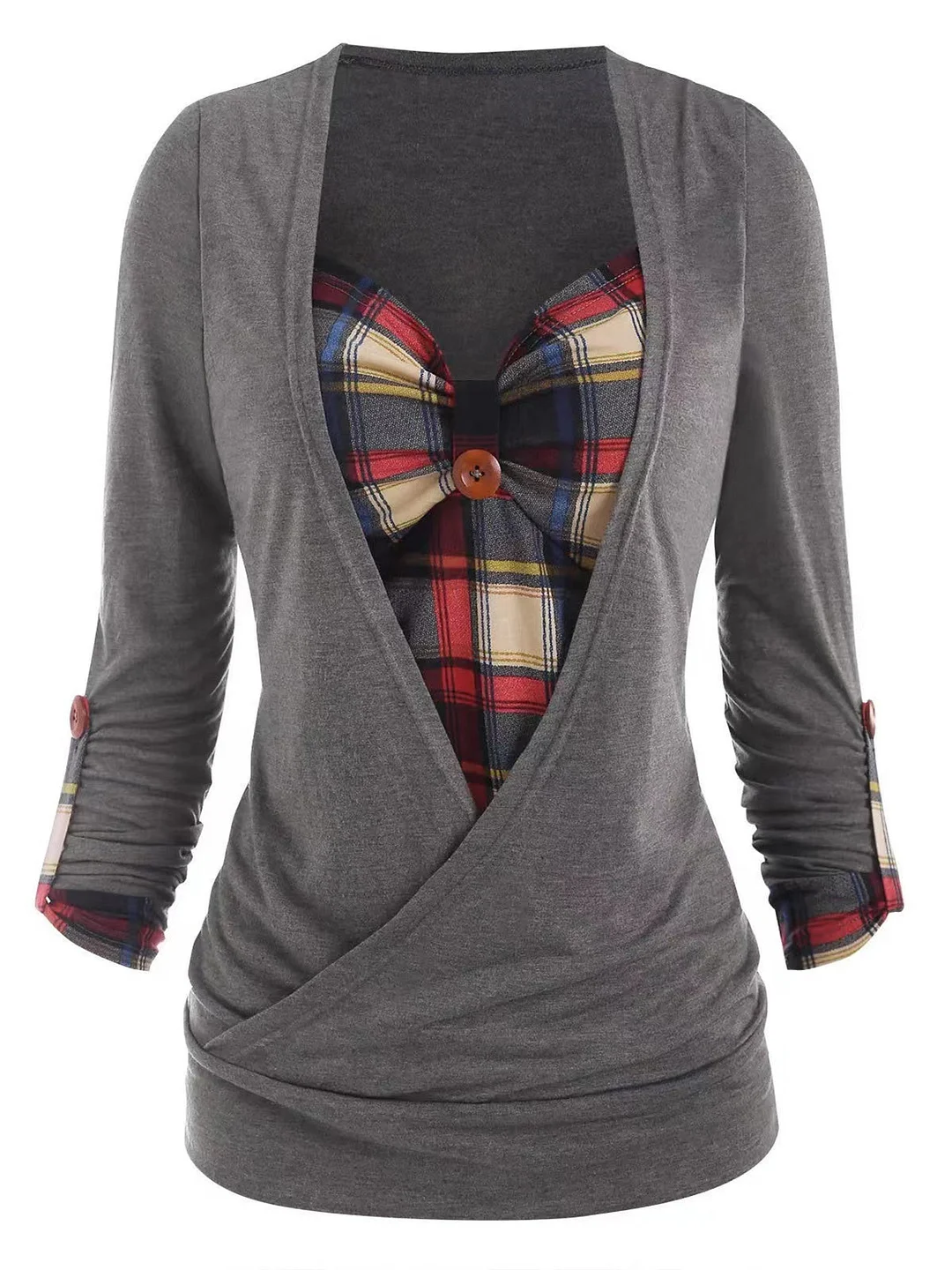 Women's Long Sleeve V-neck Plaid Printed Fake Two-Piece Tops