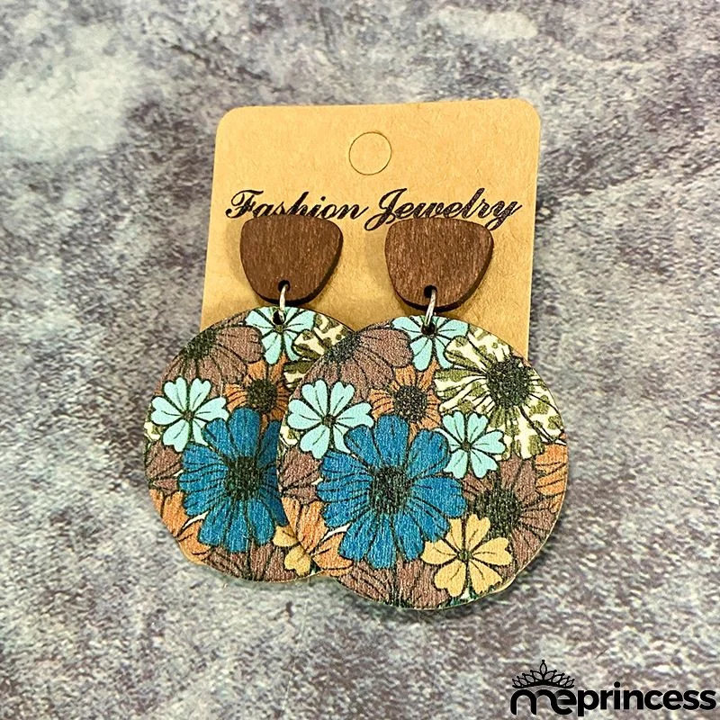 Women Fashion Retro Bohemian Flower Stitching Wooden Earrings