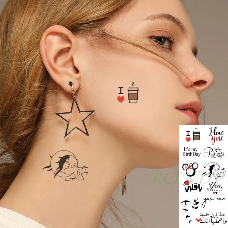 Waterproof Temporary Tattoo Sticker Cute Love Bird Leaf Crow Arabic Script Fake Tatto Flash Hand Arm Art Tatoo for Women Men