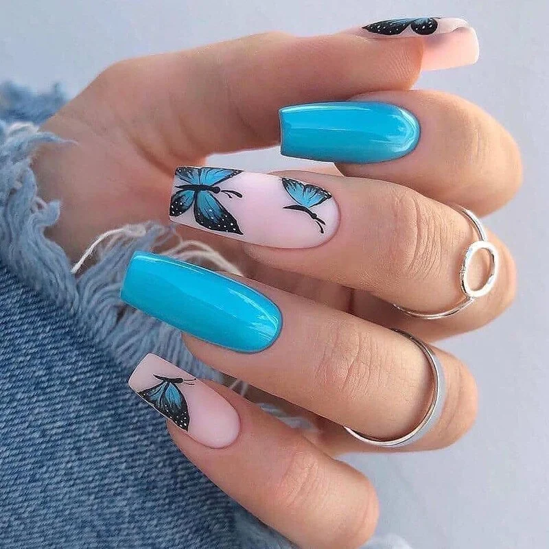 Churchf Blossoms Wearable Nail Art Long Ballet Green False Nails Fashion Detachable Finished Fake Nails Press on Nails with Glue-Nail Inspo