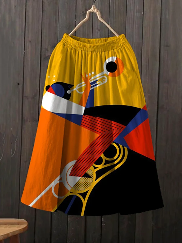 Women's Retro Color Block Splicing Art Trumpeter Abstract Print Skirt​