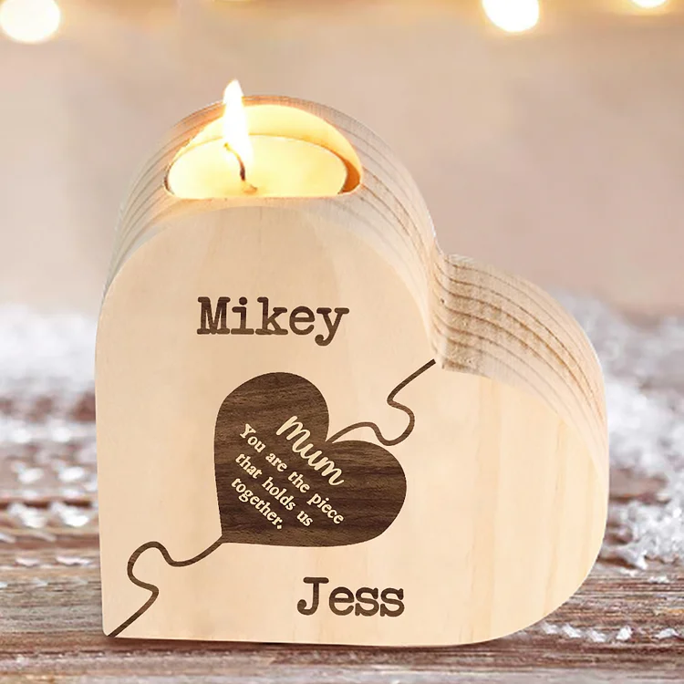 2 Names-Personalized Heart-Shape Candlestick Mother's Day Gift Wooden Custom Candle Holder For Mum
