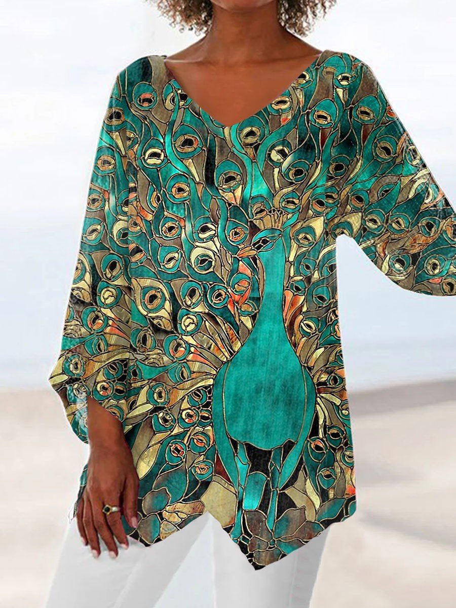 Women Long Sleeve V-neck Graphic Floral Printed Top