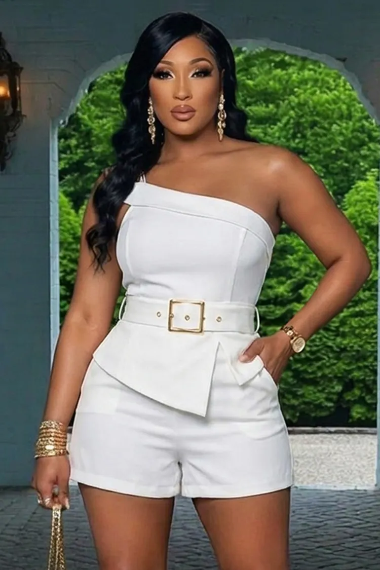 high waisted white dress shorts Loragal Solid Color One Strap Top Waist Casual 2pcs Set white tailored shorts