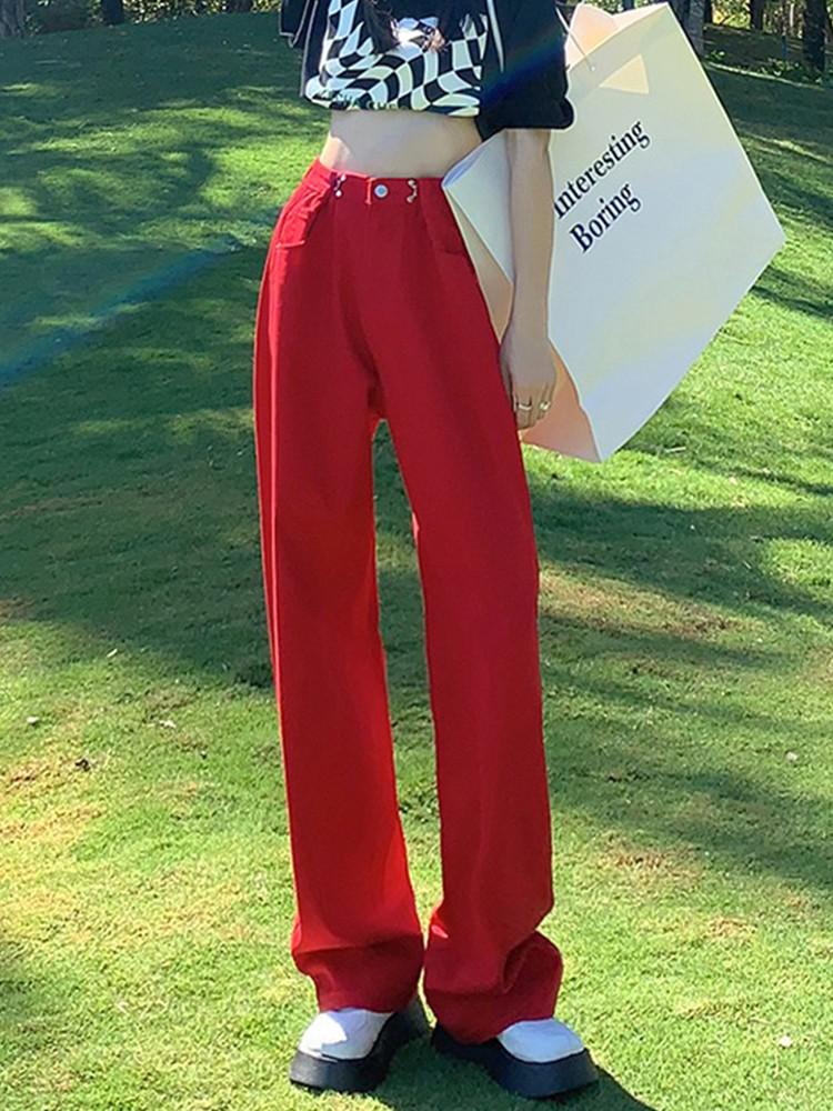 Oversized Wide Leg Jeans Mujer Casual Loose Streetwear Red Baggy Jeans Korean Fashion Boyfriend Mom Jeans LANFUBEISI