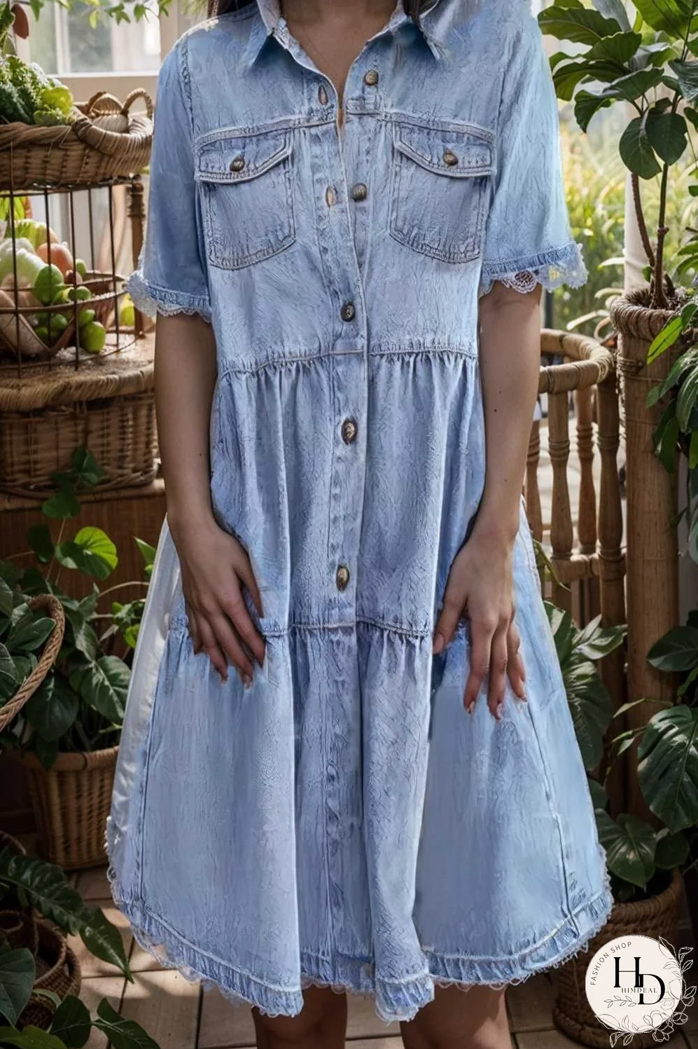 down loose short sleeve denim jean dress drop shoulder a line paneled peasant closed bateau v neck dress