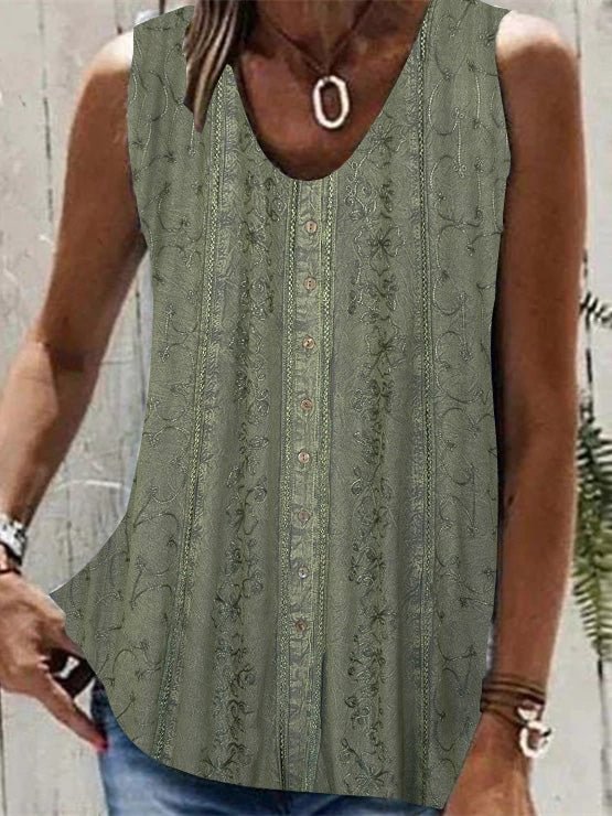 Women Sleeveless V-neck Printed Button Top