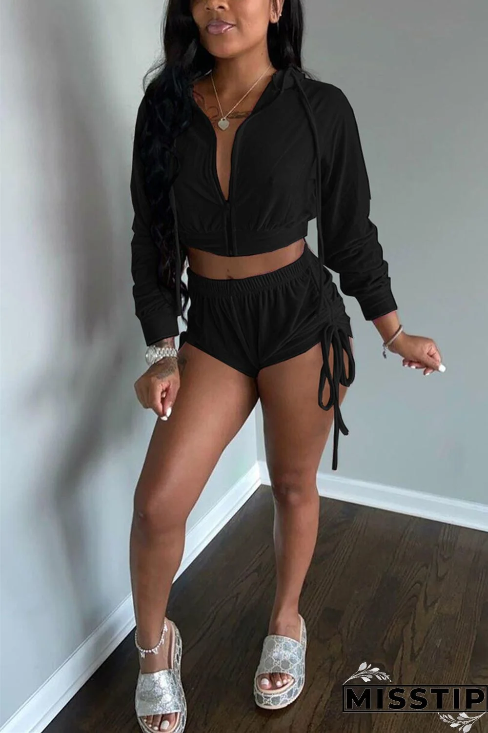 Blue Street Patchwork Solid Draped asymmetrical crop top Straight Long Sleeve Two Pieces