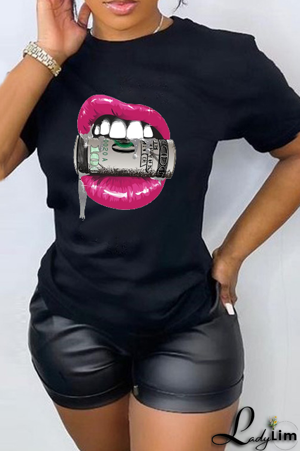 Black Fashion Casual Lips Printed Patchwork O Neck T-Shirts