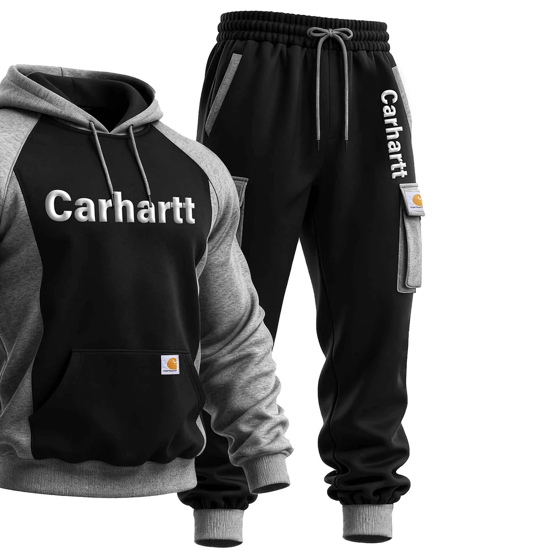 Men's Vintage Foam Print Black And Gray Color Block Pocket Hoodie And Sweatpants Jogger Set