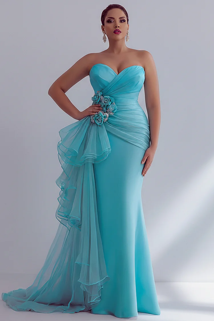 Xpluswear Design Plus Size Formal Blue Ruffle 3D Tulle Maxi Dresses [Pre-Order] 2024 - Xpluswear