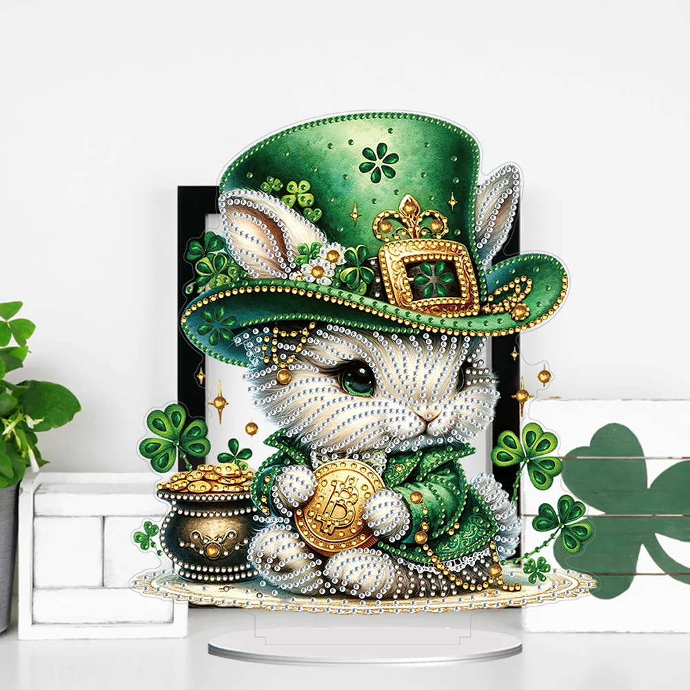 DIY Acrylic St. Patricks Day Rabbit Special Shape Diamond Painting Tabletop Ornament Creative Home Decor & Gift Idea for Adults - Relaxing Craft Activity