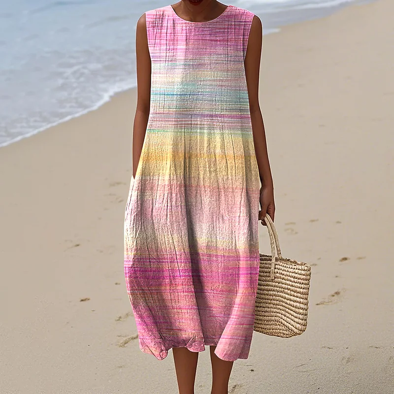 Women's Vintage Gradient In Cancer Awareness Ribbon Art Pattern Print Sleeveless Cotton Wrap Dress