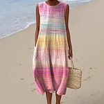 Women's Vintage Gradient In Cancer Awareness Ribbon Art Pattern Print Sleeveless Cotton Wrap Dress - Image 2