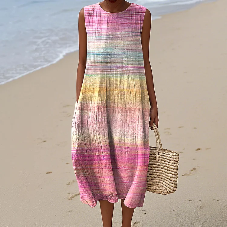 Women's Vintage Gradient In Cancer Awareness Ribbon Art Pattern Print Sleeveless Cotton Wrap Dress