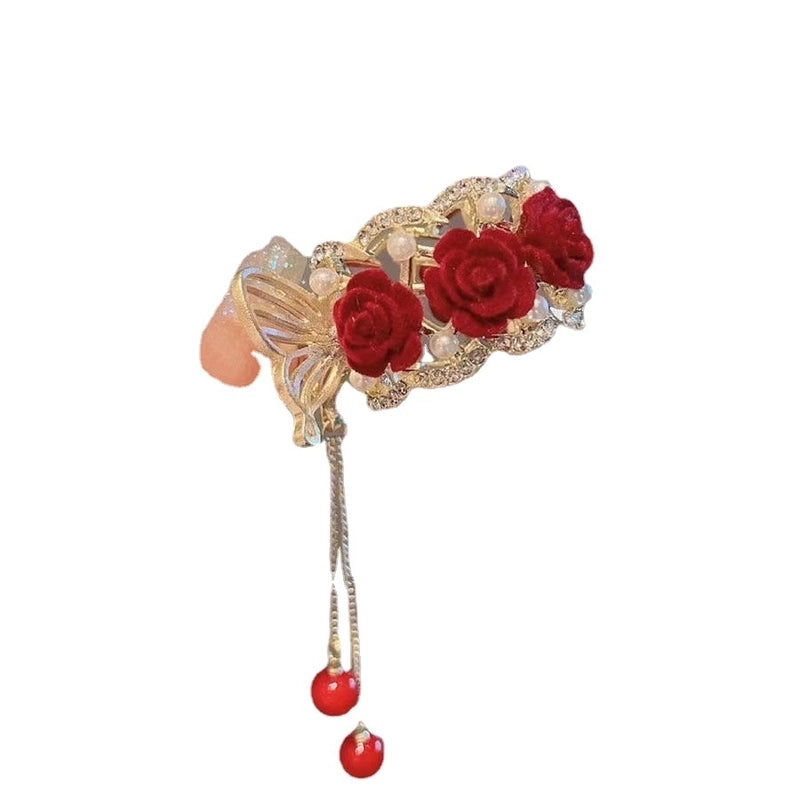 White Lotus Pearl High Ponytail Hairpin Female Back Of Head Small Grab Clip Half Tie Hair Fixing Artifact Step Tassel Grab Clip