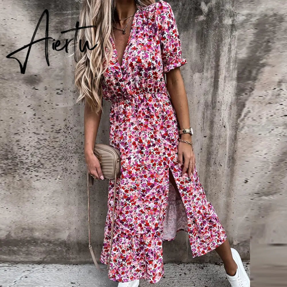 Vintage Floral Print Dresses Women Summer Sexy V Neck Side Slit Elegant Long Dress Female Casual Short Sleeve Button Party Dress Aiertu